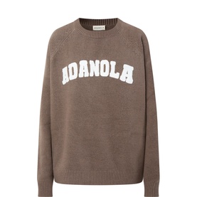 Adanola Varsity Logo Boucle Sweater in brown with white boucle logo lettering, crew neckline, long sleeves and ribbed trims