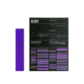 Escentric Molecule Escentric 01 ATOM.iser. Set in purple, compact travel atomiser with E:01 Travel Set card packaging