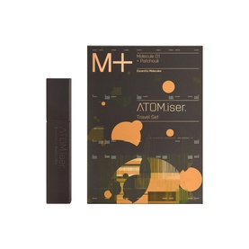 Escentric Molecules Molecule 01 + Patchouli ATOM.iser Travel Set with dark rectangular atomiser and branded packaging box