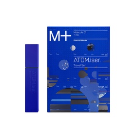 Escentric Molecules Molecule 01 + Iris ATOM.iser Travel Set with cobalt blue atomiser and branded box packaging