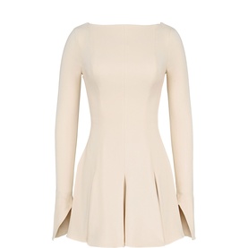 House of CB Francesca Flared Mini Dress in cream, long-sleeve structured mini with high neckline, godet pleats, and covered button cuffs