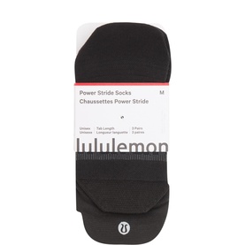 Lululemon Three-Pack Power Stride Tab Socks in black, packaged set of 3 pairs with logo tab detail visible