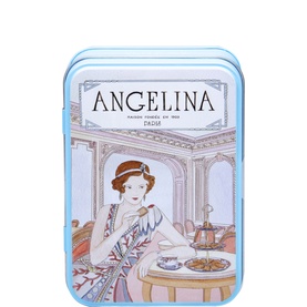 Angelina Crispy Crepes Coated With Dark Chocolate Tin Box 70g, light blue rectangular tin with Art Deco illustration of a lady at tea