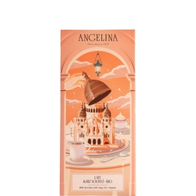 Angelina Milk & Crispy Rice Chocolate Bar Bio 100g in illustrated peach packaging featuring Sacr&eacute;-C&oelig;ur and caf&eacute; scene