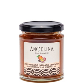 Angelina Mango Passion Tea & Bergamot Jam 215g in a glass jar with black lid and illustrated label