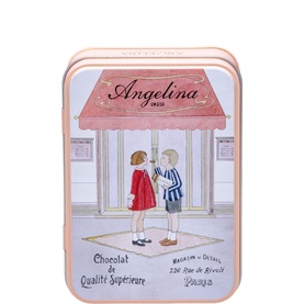 Angelina Giandujas Tin Box 100g, pink rectangular tin with illustrated Angelina Paris storefront and two children design