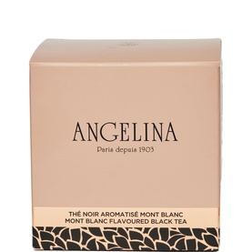 Angelina Mont Blanc Flavoured Black Tea 40g in blush pink box with gold and black decorative band detail