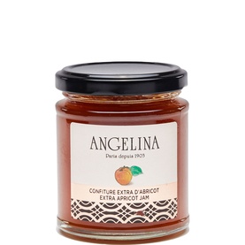 Angelina Apricot Jam 215g in a glass jar with black lid and illustrated label featuring apricot fruit