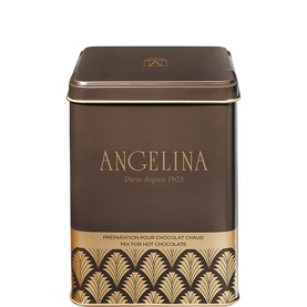 Angelina Mix For Hot Chocolate Tin Box 350g, brown square tin with gold Art Deco fan pattern and gold logo lettering