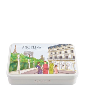 Angelina Biscuits Assortment Tin Box 70g, white rectangular tin with illustrated Parisian street scene featuring elegantly dressed figures