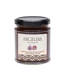 Angelina Purple Fig Jam 215g in glass jar with black lid and branded white label showing fig illustration