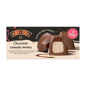 Baileys Milk Chocolate Caramel Whirls 3-Pack box with one unwrapped chocolate shown, revealing fluffy mallow and caramel filling