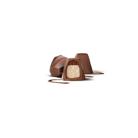 Baileys Milk Chocolate Caramel Whirls 3-Pack, one piece cut open revealing creamy caramel filling inside faceted milk chocolate shell