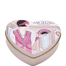 Angelina Chocolate Pralines Heart Box 78g, pink heart-shaped tin with Art Deco illustration of a woman in pink dress holding a fan