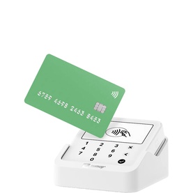 Sumup Solo Lite Bundle card reader in white with keypad and contactless symbol, shown with a green bank card