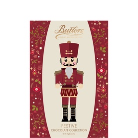 Butlers Christmas Nutcracker Chocolate Box, red gift box with illustrated nutcracker soldier design, festive holly decoration