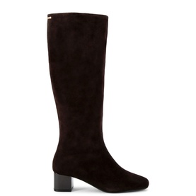 Carvela Cleo Knee-High Boots in brown suede with block heel, gold-tone branded pin detail, knee-high silhouette