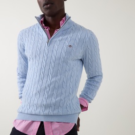 Shield Logo Half-Zip Cable Knit Sweater