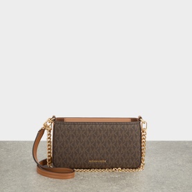 MMK Bryant Pouchette Crossbody Bag in brown monogram coated canvas with gold-tone chain strap and leather trim