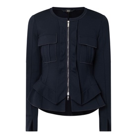 HIGH Sapphire Pocket Jacket in navy with two-way zip, chest pockets, contrast stitching, and double-layered peplum hem