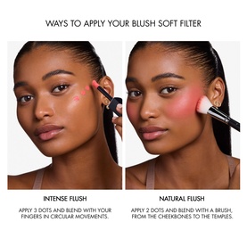 Dior Forever Liquid Blush Soft Filter application guide showing intense flush and natural flush techniques on model's cheeks