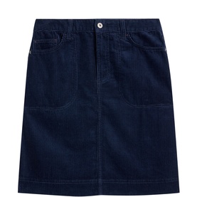 White Stuff Tia Corduroy Mini Skirt in blue with two front patch pockets, contrast stitching, and button fastening
