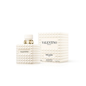 Valentino Born In Roma Ivory Donna Eau de Parfum 100ml, ivory studded bottle beside matching textured box