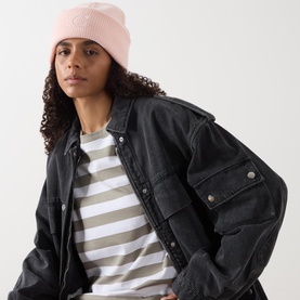 Logo Embossed Ribbed Knit Beanie Hat