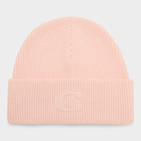 Logo Embossed Ribbed Knit Beanie Hat