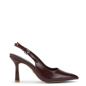 KG by Kurt Geiger Adina Slingback Pumps in burgundy faux patent, pointed toe, slingback strap with gunmetal buckle, stiletto heel