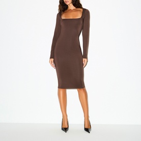 Square Neck Long Sleeve Midi Dress Espresso