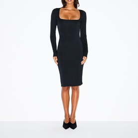 Square Neck Long Sleeve Midi Dress Obsidian