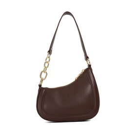 Dune Direction Saddle Shoulder Bag in brown suede with gold-tone chain-link handle and angular sculpted silhouette