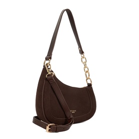 Dune Direction Saddle Shoulder Bag in brown suede with gold-tone chain handle, detachable crossbody strap and angular sculpted silhouette