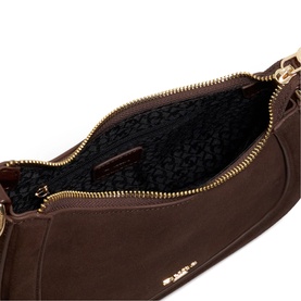Dune Direction Saddle Shoulder Bag in brown suede, open showing black logo-print lining with gold-tone zip detail