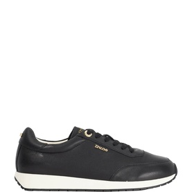 Dune Ettah Suede Trainers in black leather, lace-up fastening, round toe, white rubber sole, gold brand detail