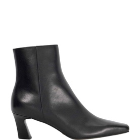 Dune Overly Block Heel Boots in black leather, ankle length, almond toe, block heel, side zip fastening, smooth finish