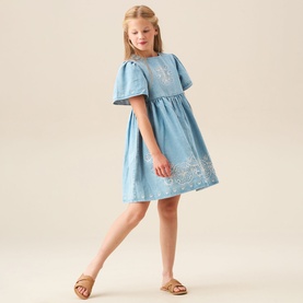 Reyna Denim Embroidered Swing Dress