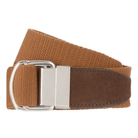 Tan woven fabric belt with brown suede keeper and silver-tone double-ring buckle, laid flat on white background
