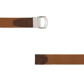 Tan canvas belt with dark brown leather trim and silver D-ring buckle, shown flat in two sections against white background