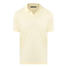 Boss Black Casual Ponti 75 Polo Shirt in Beige Overflow, Johnny collar, short sleeves, flat-knit trims, smooth cotton-silk knit finish
