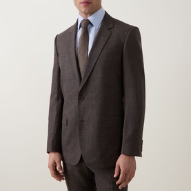 Model wearing Boss Black Casual Single-Breasted Suit Jacket in dark brown with notched lapels, styled with light blue shirt and striped tie.