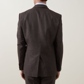 Model wearing Boss Black Casual Single-Breasted Suit Jacket in dark brown, rear view, styled with light blue shirt.