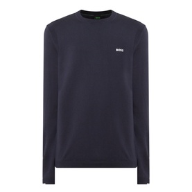Boss Green Label dark blue cotton crew neck jumper with small logo chest badge, no model present