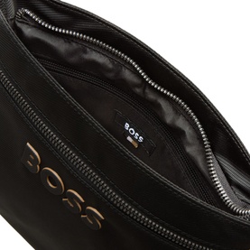 Hugo Boss Catch 3.0 Envelope Crossbody Bag in black, open interior view showing black satin lining and gold logo lettering