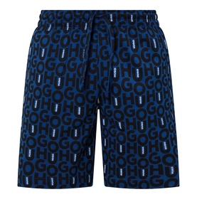 Hugo Milo Logo Pyjama Shorts in dark blue with all-over logo print, elasticated drawstring waistband and side pockets