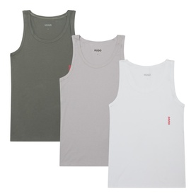 Hugo Three-Pack Solid Logo Tank Tops in multi: khaki, grey and white cotton vests with round neck and logo detail, laid flat
