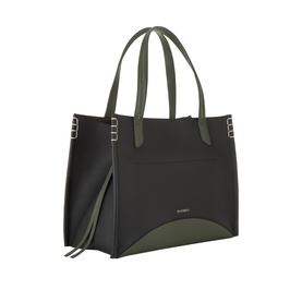JW Anderson Loafer Cabas Tote Bag in black and khaki calf leather, silver-tone hardware, dual top handles, tassel detail on accordion sides