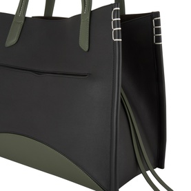 JW Anderson Loafer Cabas Tote Bag in black and khaki calf leather, silver-tone hardware, accordion side with tassel detail visible