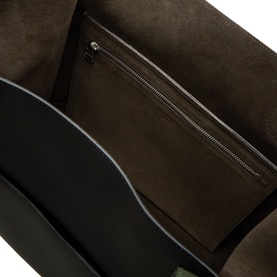JW Anderson Loafer Cabas Tote Bag in black and khaki, interior view showing khaki suede lining and zip pocket with silver-tone hardware